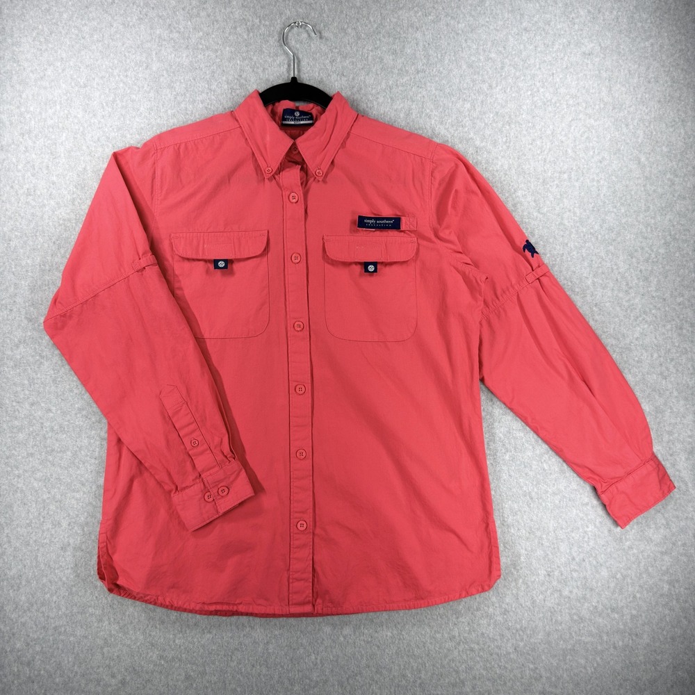 Simply Southern Fishing Shirt Womens Small Coral Pink Cotton Long Sleeve PFG